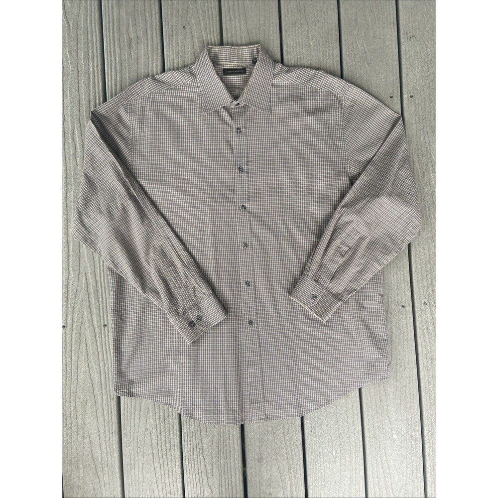 Vintage Joseph Abboud Mens Shirt Retro Plaid Check Gray Button Up XXL Hong Kong